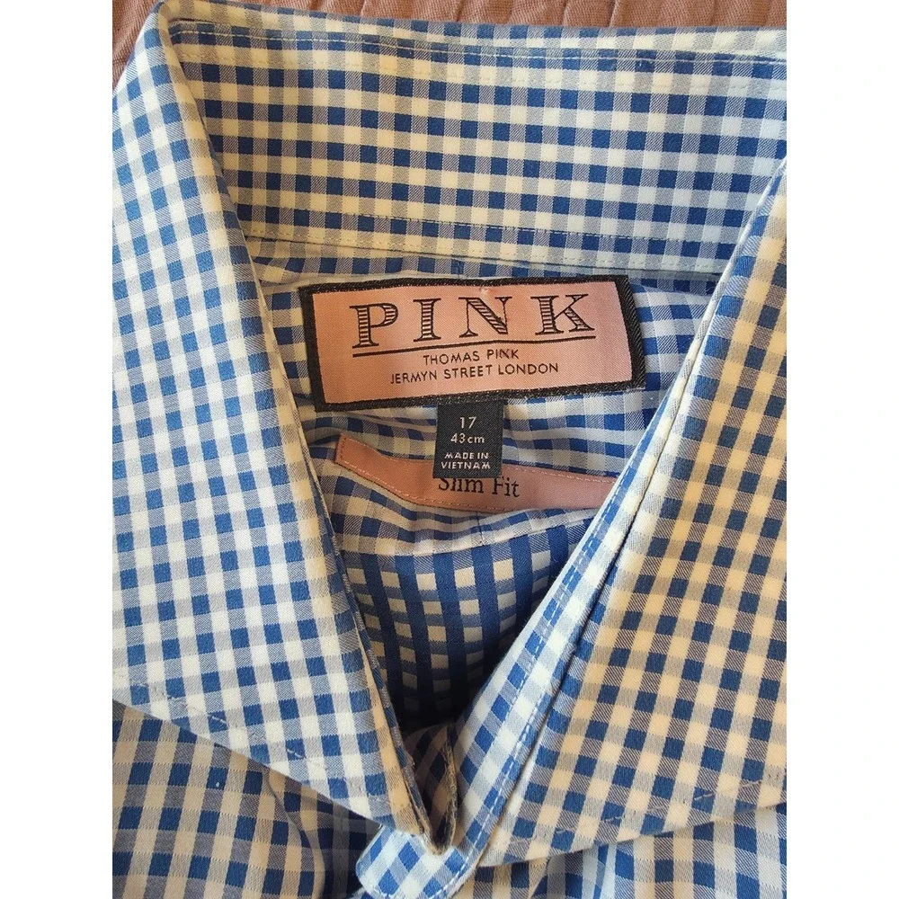 Thomas Pink Dress Shirt Mens 17 Blue Gingham Slim Fit Long Sleeve - Picture 3 of 8